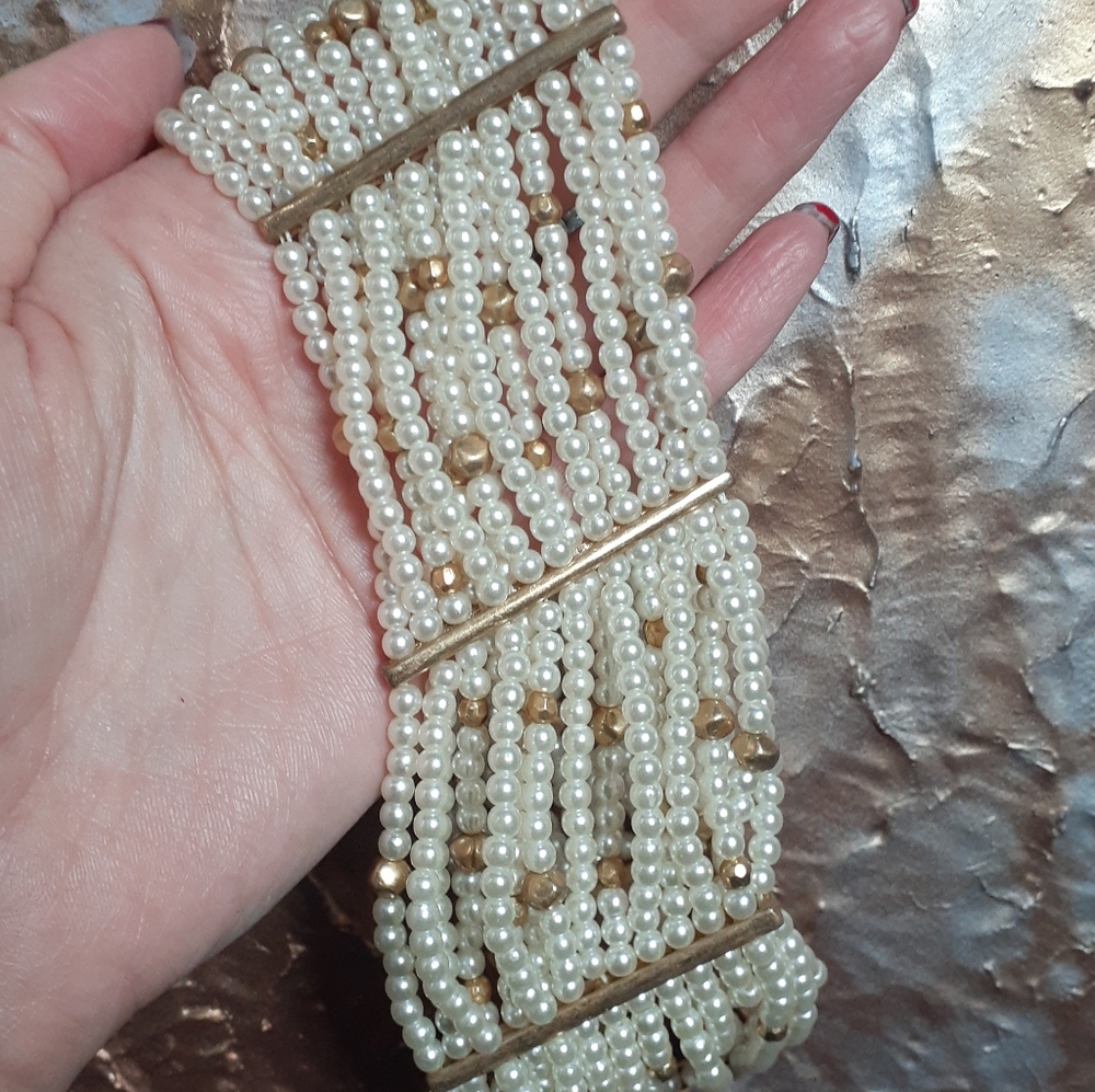 Zara Cream Pearl Multi-Row Choker with Gold Accents - Picture 13 of 14